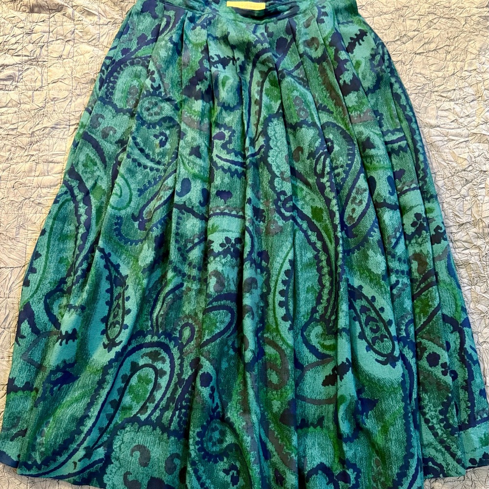 VTG Perry Ellis Wool Silk Paisley Skirt 14 Midi Green Blue Golden Girl Core 80s